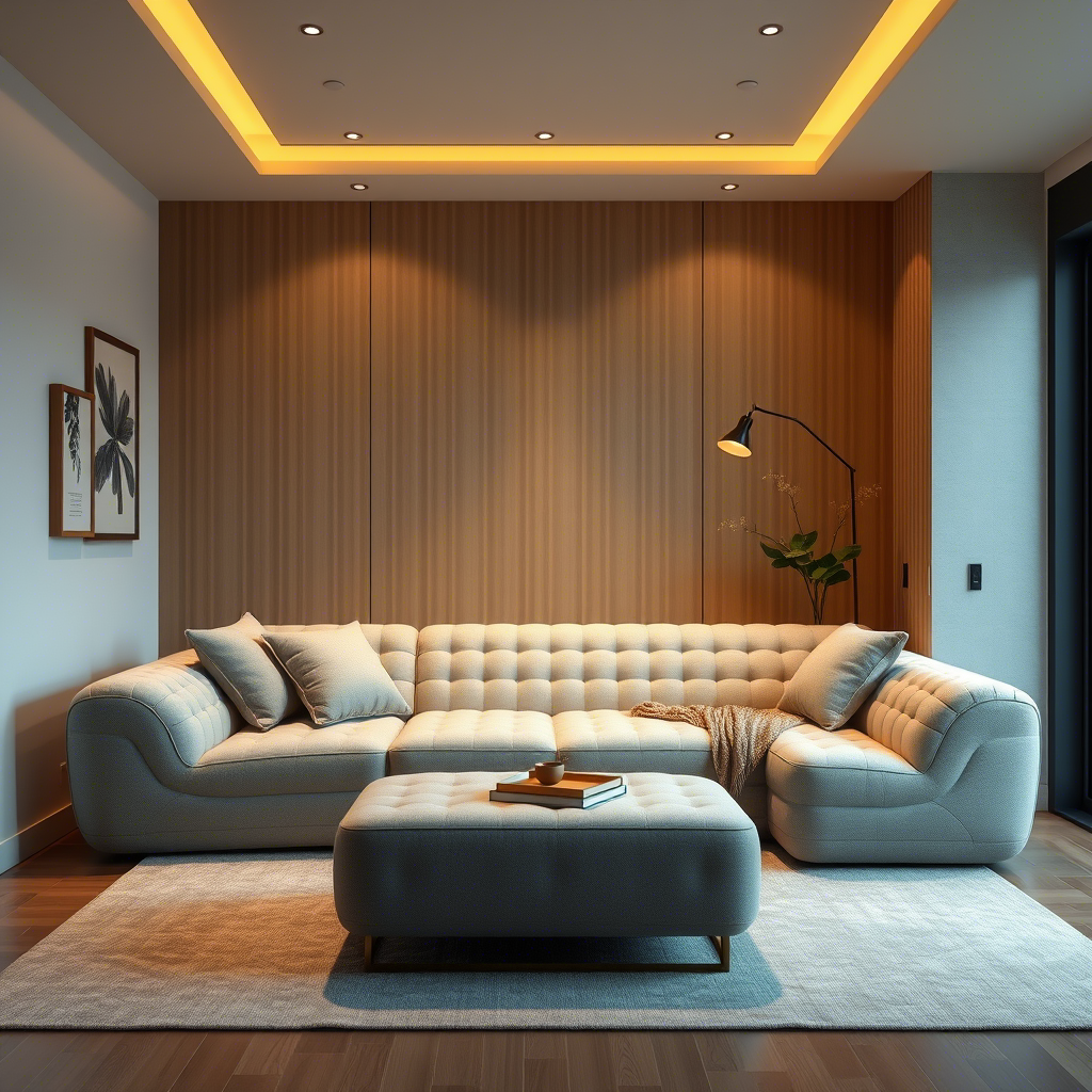 Memory foam sofa in a cozy, high-tech smart home, blending comfort and innovation, with subtle Chinese design elements.