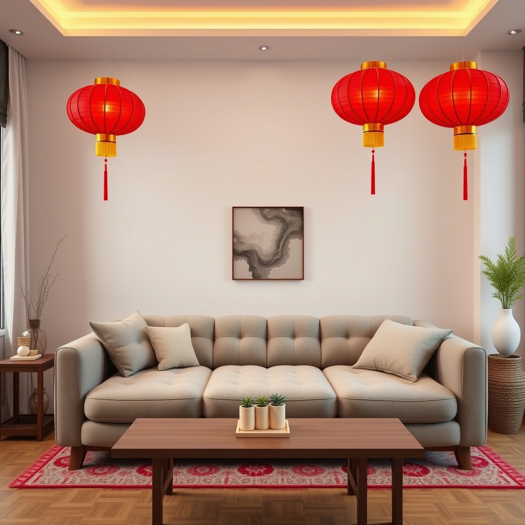 Memory foam sofa in a cozy living room with Chinese red lanterns
