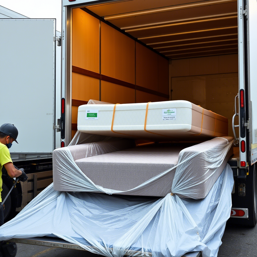 Memory foam sofa in eco-friendly packaging being unloaded from a truck