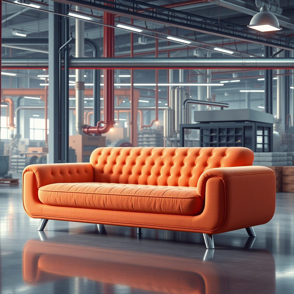 Memory foam sofa with a futuristic Chinese factory background 