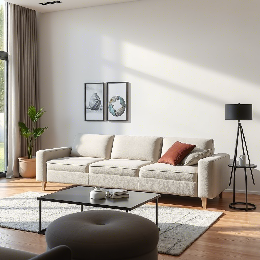 A memory foam sofa with ergonomic design in a modern living room, showcasing its sleek lines and comfortable cushioning