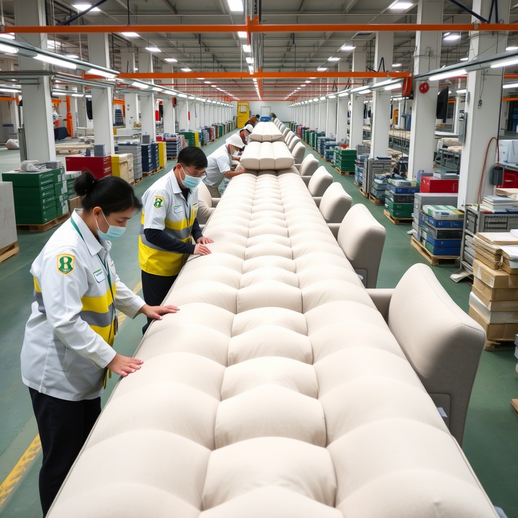 Quality control team inspecting compressed sofa production line in China factory