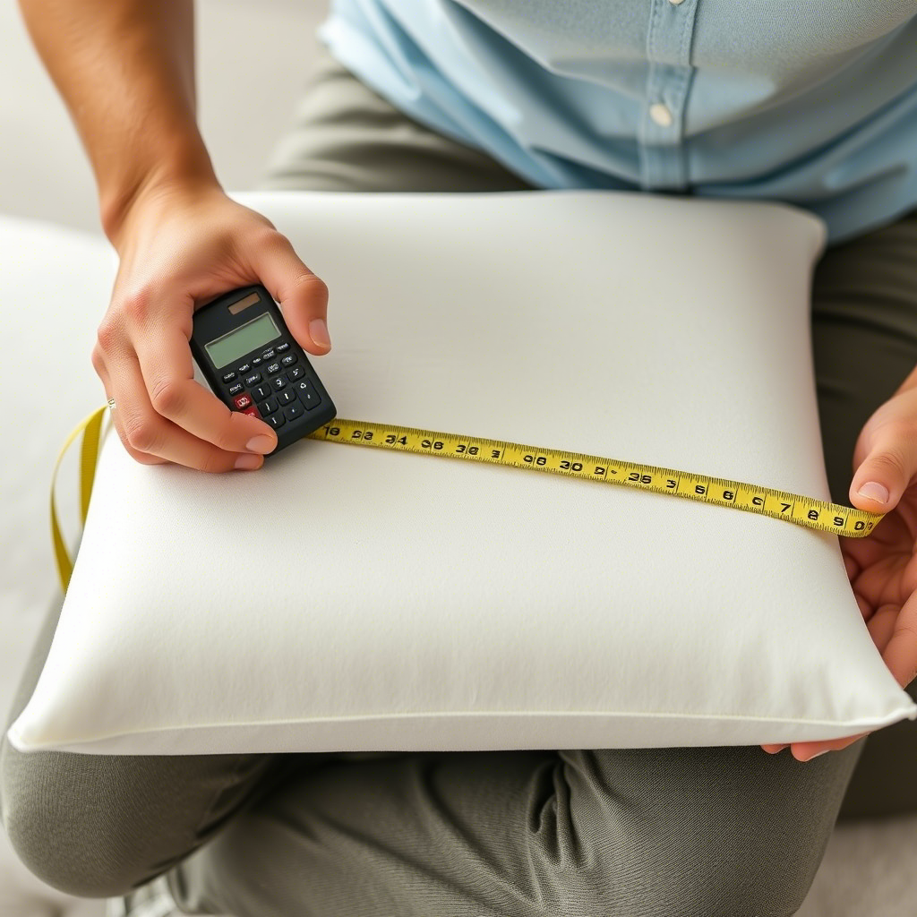 A person measuring foam cushion with a tape measure and calculator nearby.