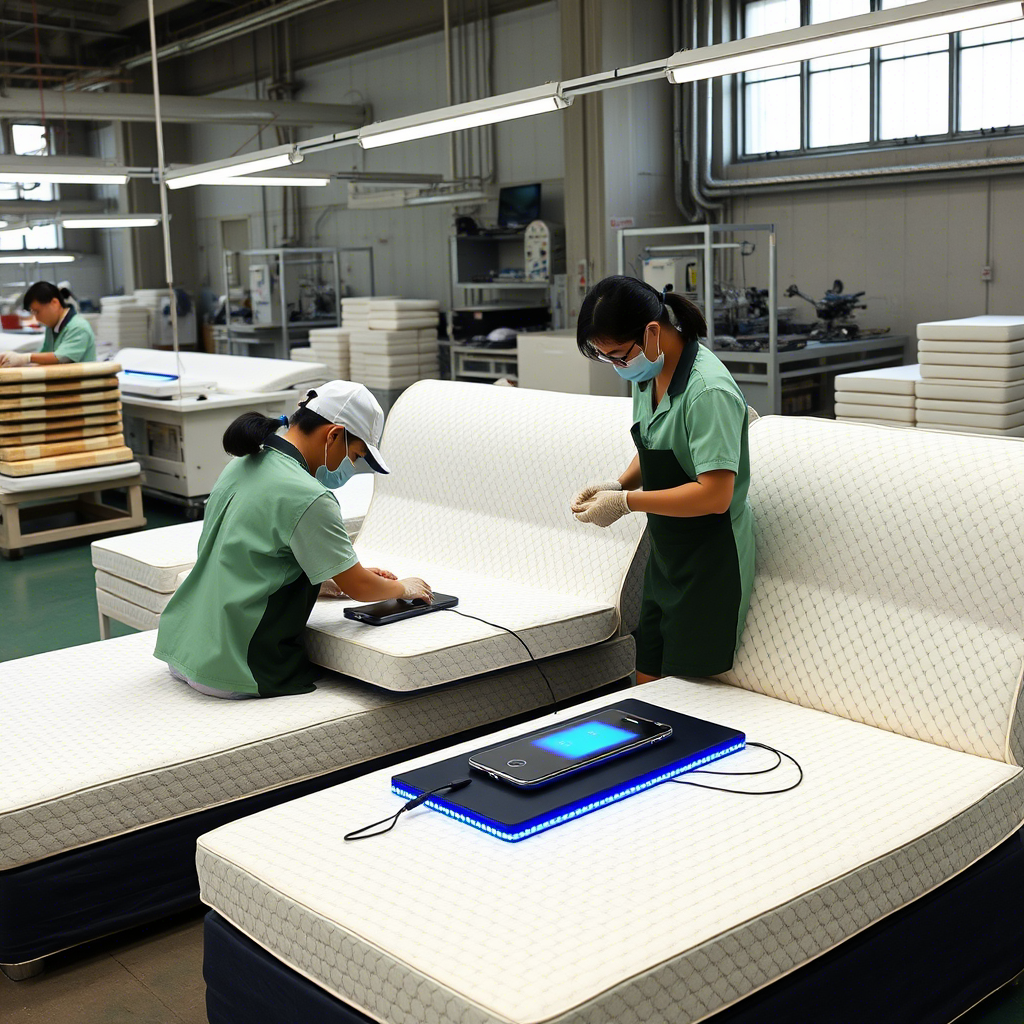 Chinese factory workers assembling high-tech memory foam sofas with integrated sensors and wireless charging pads