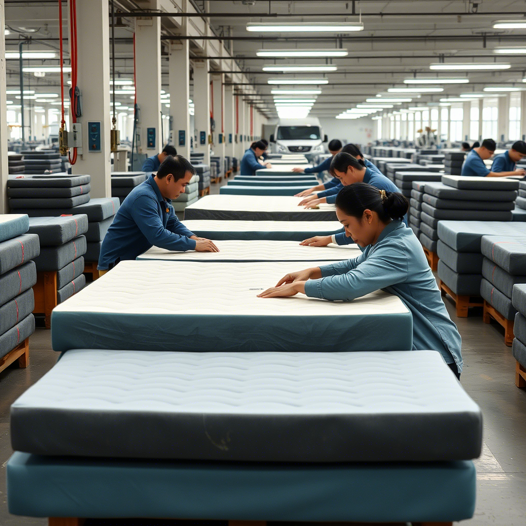 Chinese factory workers assembling memory foam sofas with care