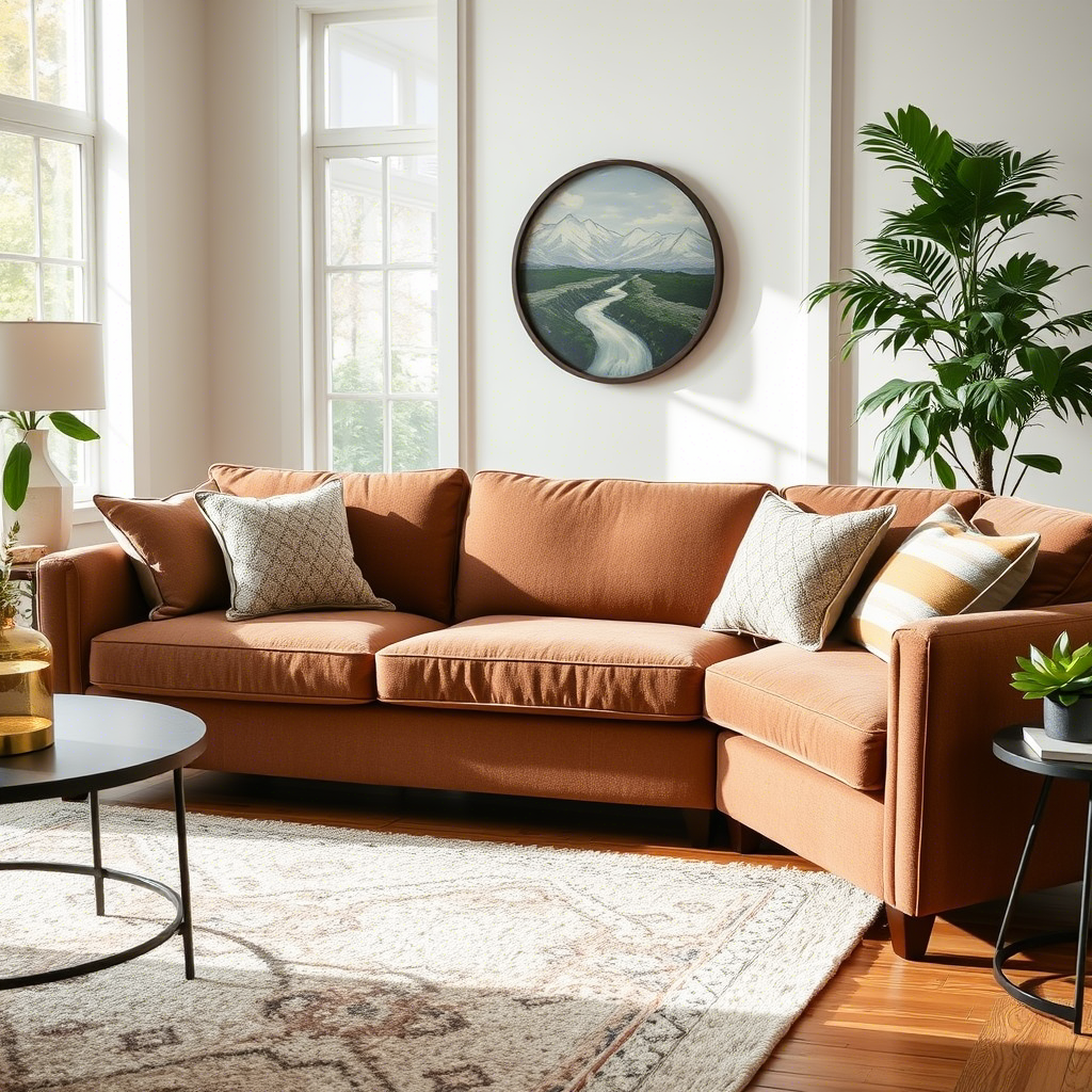 Comfortable couch with plush high-density foam replacement cushions in a cozy living room