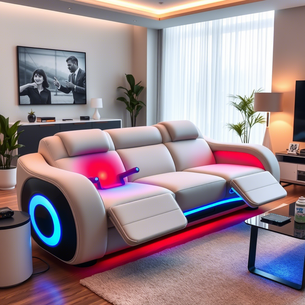 Smart sofa with built-in massage and temperature control, surrounded by futuristic gadgets in a modern living room