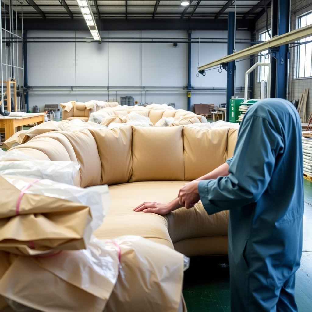 Sustainable compressed sofa production in China minimizing waste and carbon footprint.
