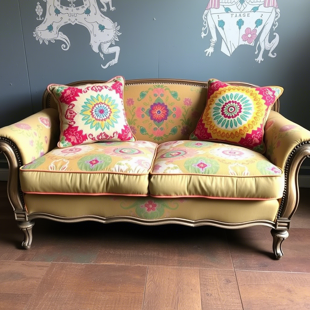 Vibrant, colorful custom cut cushions revamping a worn-out vintage sofa